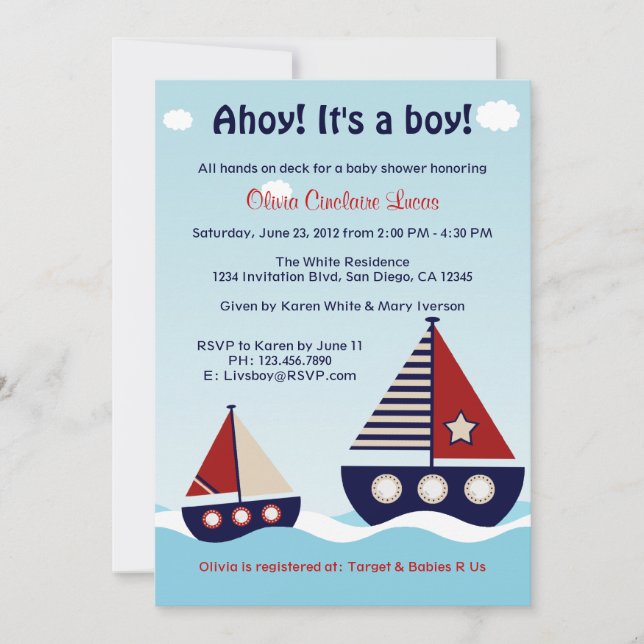 Baby shower Nautical Sailboat Baby Boy Invitation (Devant)
