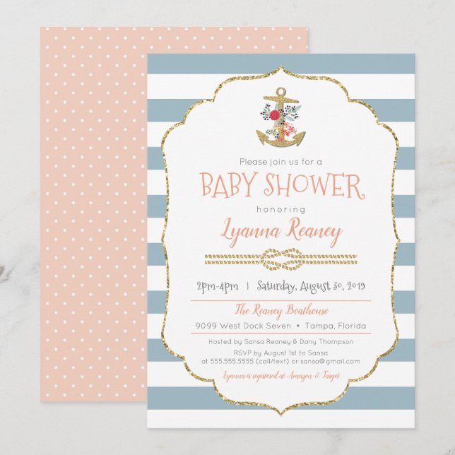 Baby shower nautique Ancre florale Invitation (Devant / Derrière)
