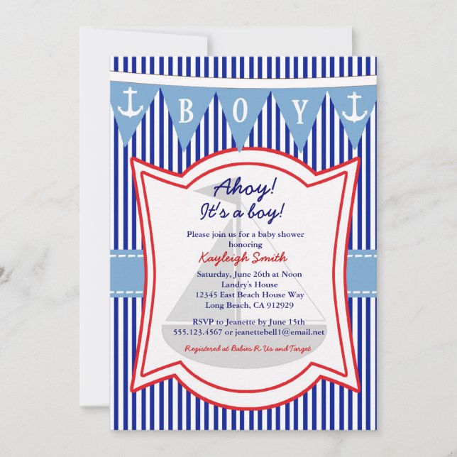Baby shower nautique Invitation Ancre de voile (Devant)