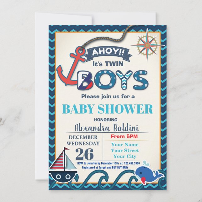 Baby shower nautique Invitation jumeaux (Devant)