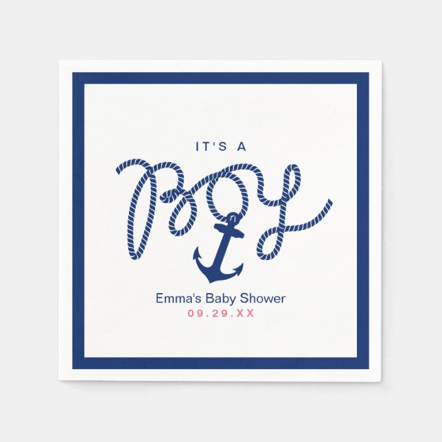 Baby Shower Navy Blue Anchor Boy Nautical Napkin (Front)