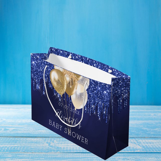 Baby Shower navy blue gold glitter drips balloons Large Gift Bag (Creator Uploaded)