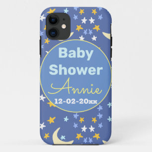 Baby shower navy blue star moon add name year date iPhone 11 case