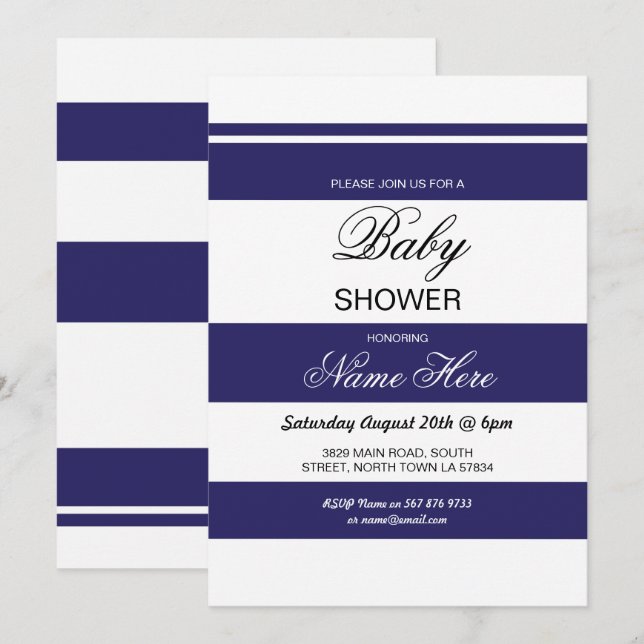 Baby Shower Navy & White Stripe Party Chic Invite (Front/Back)