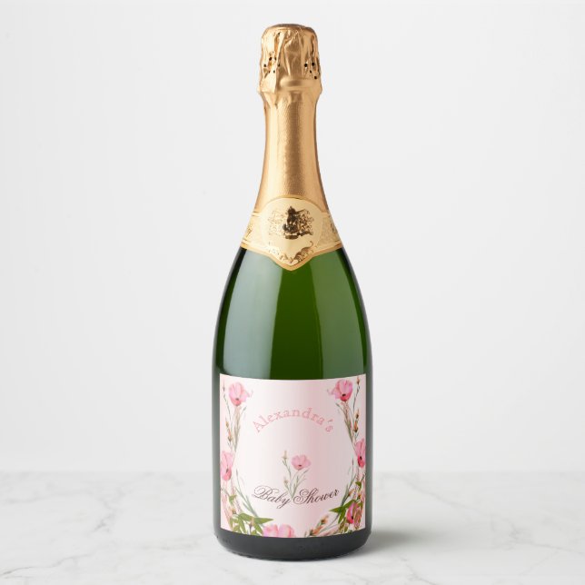 Baby Shower New Baby Pink Floral  Sparkling Wine Label (Front)