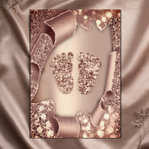 Baby Shower New Girl Boy Feet Glam Rose Gold 3D Invitation