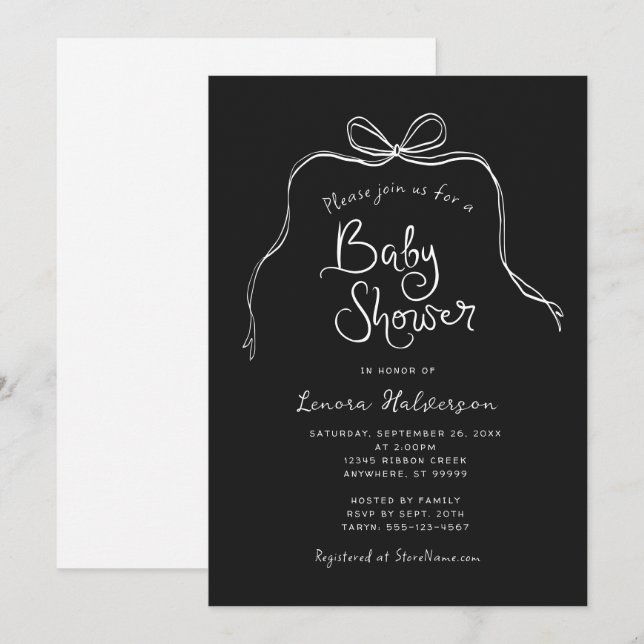 Baby shower noir blanc gras simple Bow Invitation (Devant / Derrière)