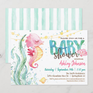 Baby shower Océan, invitation Girl Pink Seahorse