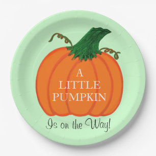 Baby Shower Orange Pumpkin Green Paper Plate
