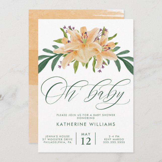 BABY SHOWER | Orange Watercolor Lily Invitation (Front/Back)