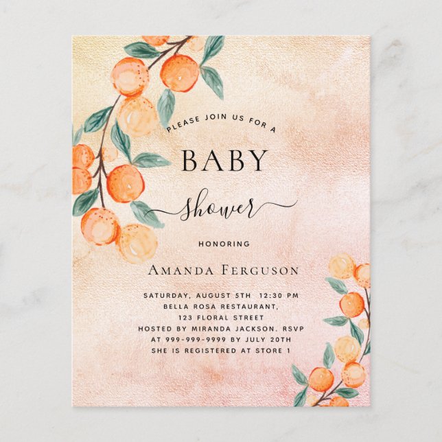 Baby shower oranges rose gold budget invitation flyer (Front)