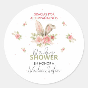 Baby Shower Orejas de Conejo Rosa y Flores Classic Round Sticker