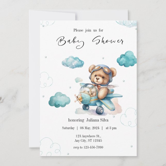 Baby shower Ours Bleu Teddy Invitation (Devant)