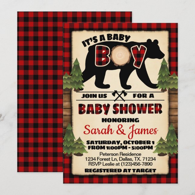 Baby shower Ours de bûcheron Invitation d'invitati (Devant / Derrière)