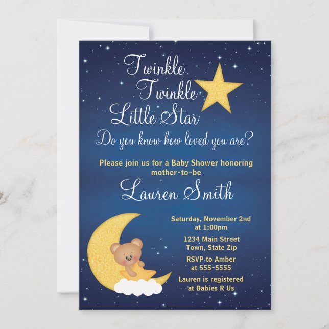 Baby shower Ours Invitation Twinkle Little Star (Devant)