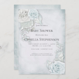 Baby Shower Pale Blue White Roses Invitation