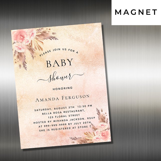 Baby shower pampas grass floral boho luxury magnetic invitation (Creator Uploaded)