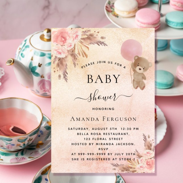 Baby shower pampas grass floral pink teddy bear  invitation (Creator Uploaded)