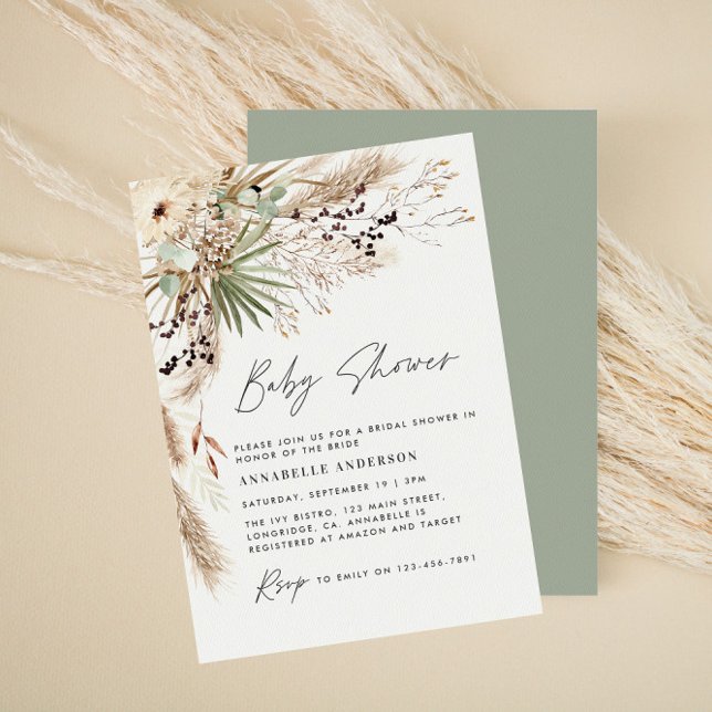 Baby shower pampas grass modern elegant sage green invitation (Creator Uploaded)