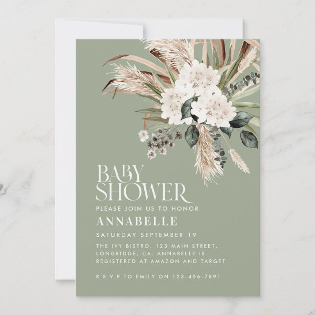 Baby shower pampas grass modern sage green invitation (Front)
