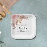 Baby Shower pampas grass rose gold florals white Paper Plate<br><div class="desc">For a baby shower,  celebrating a baby girl. A chic white background. Decorated with rose gold,  pink florals,  pampas grass.  Personalize and add the name of the mom to-be's name</div>