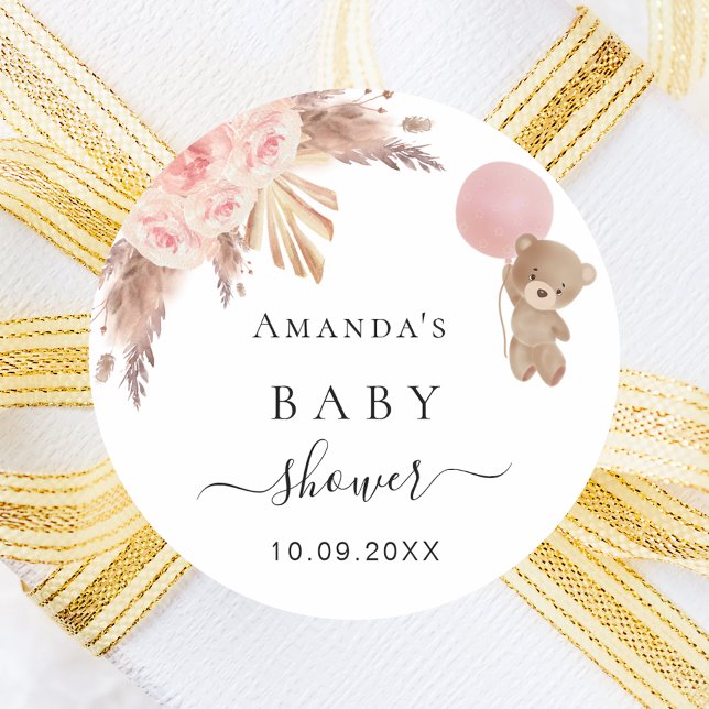 Baby Shower pampas grass rose gold teddy Classic Round Sticker (Creator Uploaded)