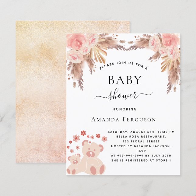 Baby shower pampas grass teddy bear invitation (Front/Back)