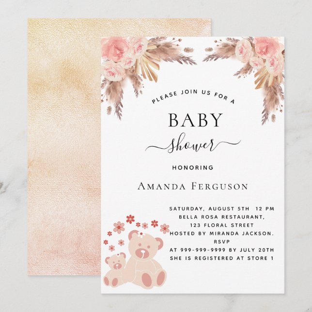 Baby shower pampas grass teddy bear rose gold girl invitation (Front/Back)