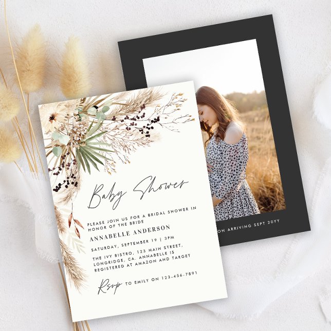 Baby shower pampas modern elegant black photo  invitation (Creator Uploaded)
