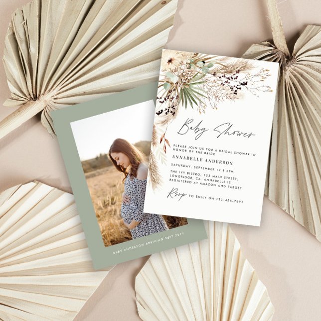 Baby shower pampas modern elegant sage green photo invitation (Creator Uploaded)