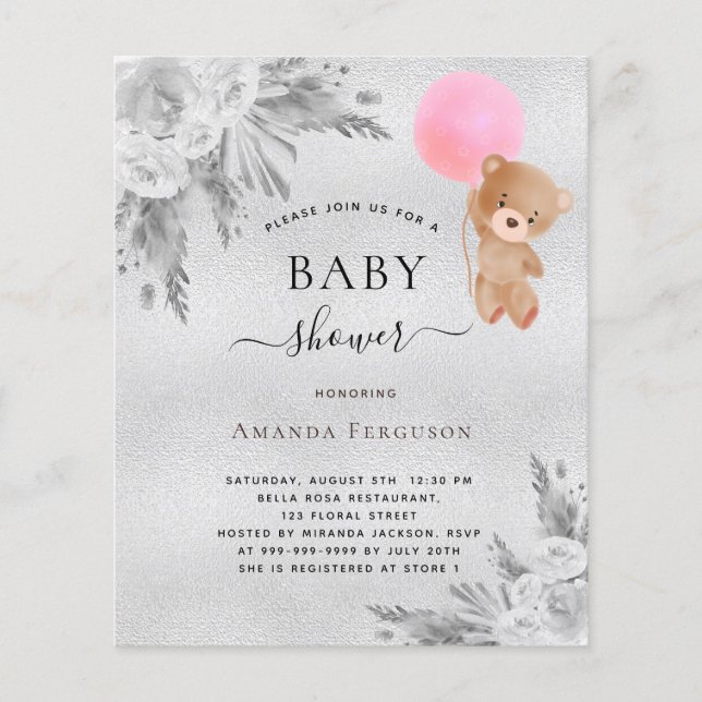 Baby shower pampas silver teddy bear invitation (Front)