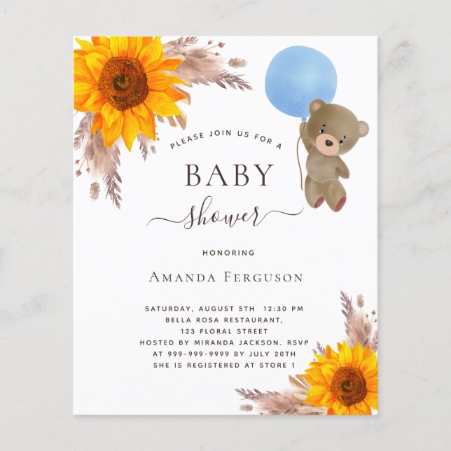 Baby shower pampas sunflower teddy boy budget flyer (Front)