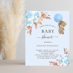 Baby shower pampas teddy bear blue invitation