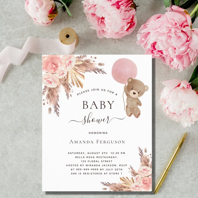 Baby shower pampas teddy pink budget invitation flyer (Creator Uploaded)