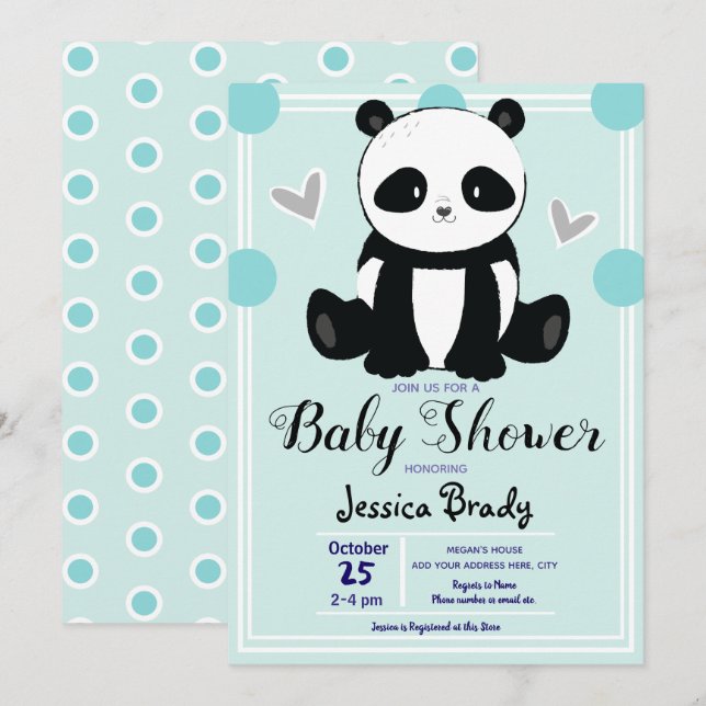 Baby Shower Panda Sitting and Blue Polka Dots Invitation (Front/Back)