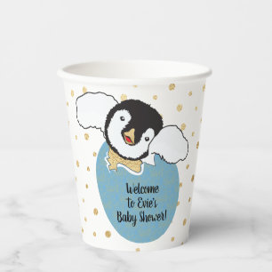 Baby Shower Paper Cups "Gold/Blue Penguin" 8 oz.