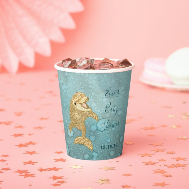 Baby Shower Paper Cups "Gold Dolphin Baby " 8 oz. (Insitu)