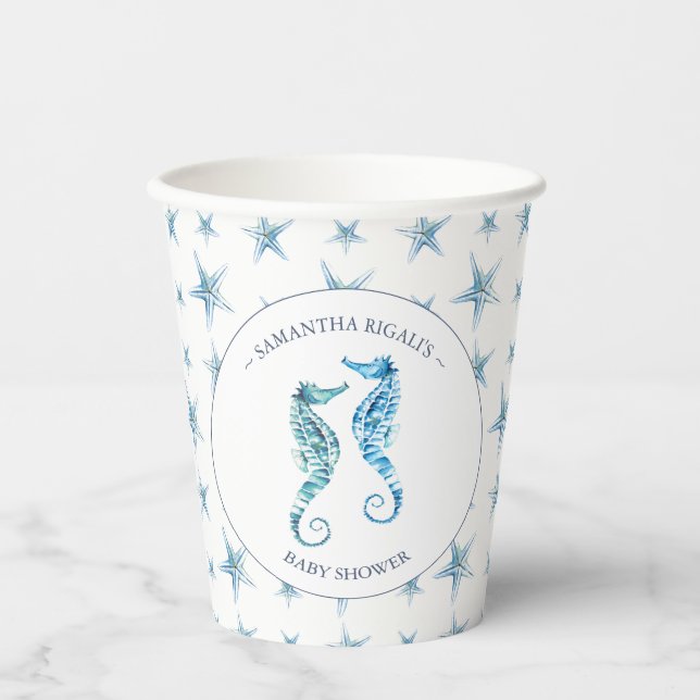 Baby Shower Paper Cups Watercolor Seahorses (Front)