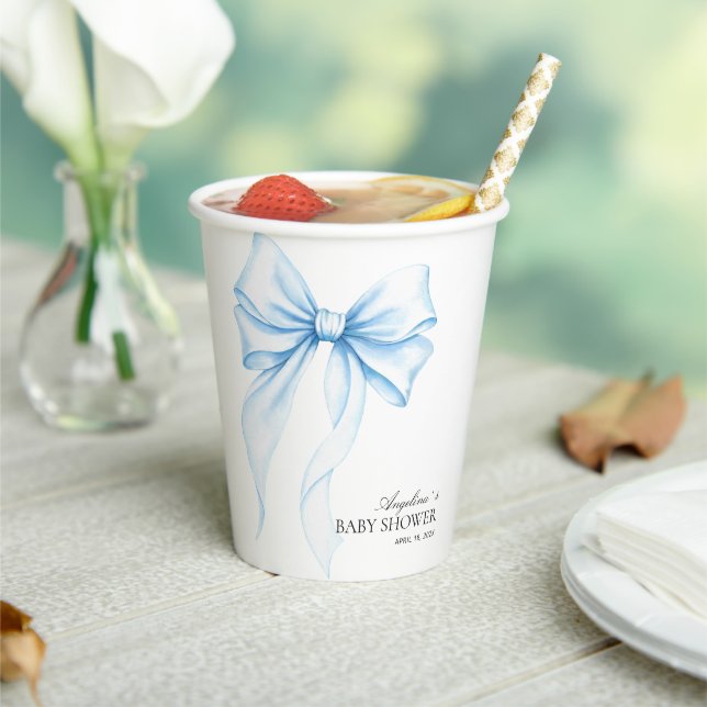 Baby shower paper cups with a delicate bow. (Insitu)