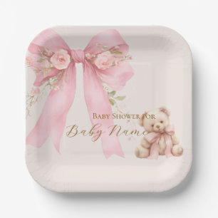 Baby Shower Paper Plates, Coquette Pink Bow Floral Plate