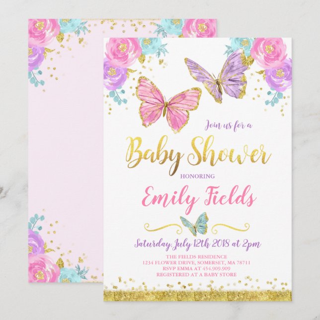 Baby shower papillon Invitation Baby shower fille (Devant / Derrière)
