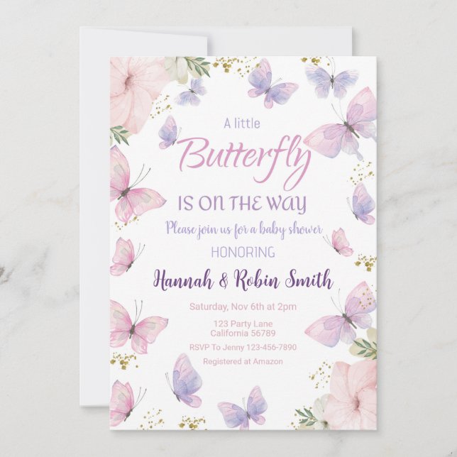 Baby shower papillon Invitation bébé fille Invitat (Devant)
