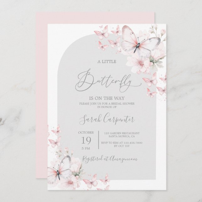 Baby shower papillon Invitation fille (Devant / Derrière)