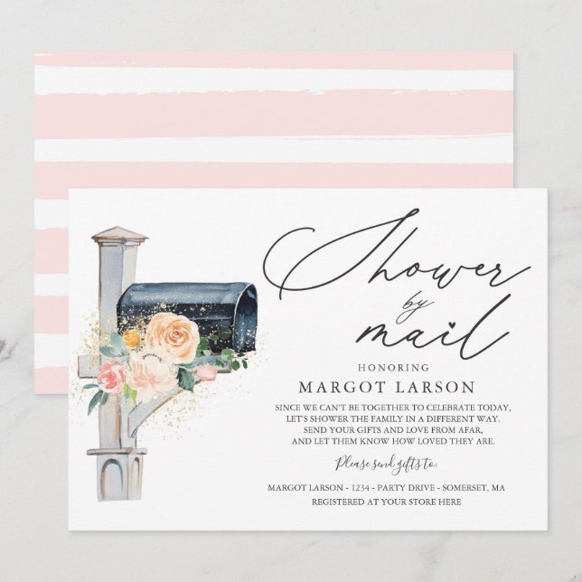 Baby shower Par Courrier Invitation Flore Rosée (Devant / Derrière)
