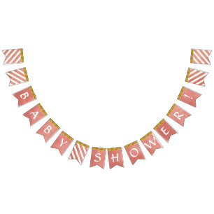 Baby Shower Party Decor Coral Faux Gold Glitter Bunting Flags
