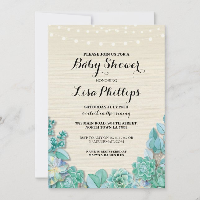Baby shower Party Mint succulents Invitation rusti (Devant)