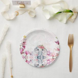 Baby Shower Party Plate with Floral Elephant