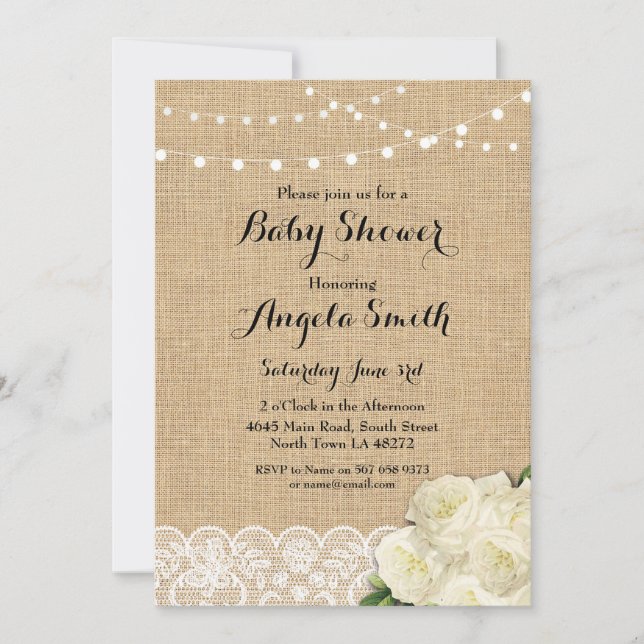 Baby Shower Party Rose Burlap Lace Lights Invite (Front)
