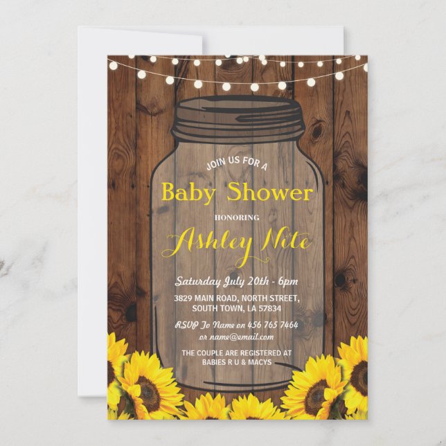 Baby Shower Party Rustic Jar Wood Sunflower Invite (Front)