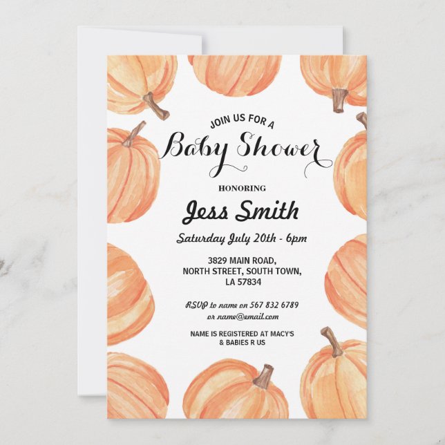 Baby Shower Party Rustic Watercolor Pumpkin Fall Invitation (Front)